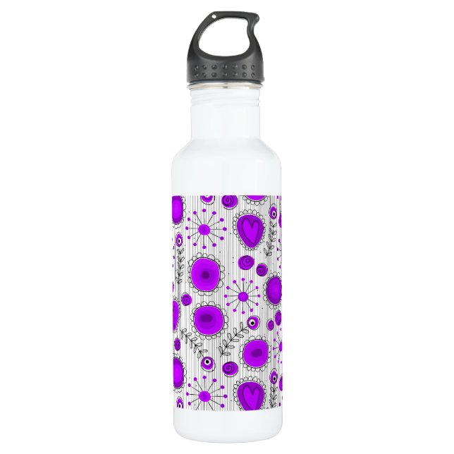 Whimsical purple white hearts and flowers floral 710 ml water bottle (Front)
