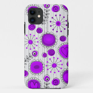 Whimsical purple white hearts and flowers floral iPhone 11 case