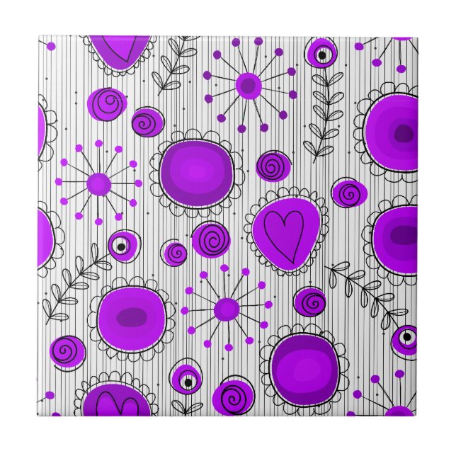 Whimsical purple white hearts and flowers floral ceramic tile (Front)