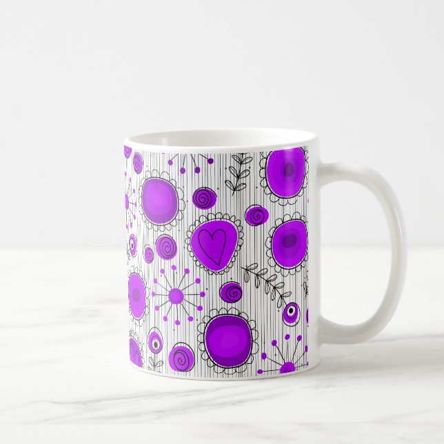 Whimsical purple white hearts and flowers floral coffee mug (Right)