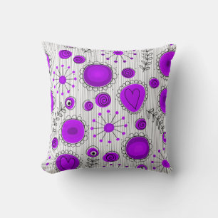 Whimsical purple white hearts and flowers floral cushion