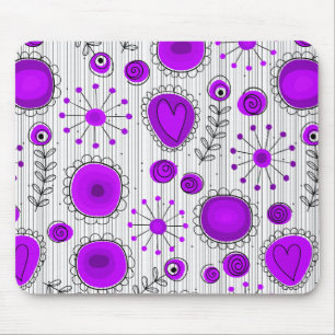 Whimsical purple white hearts and flowers floral mouse pad