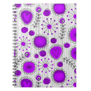 Whimsical purple white hearts and flowers floral notebook