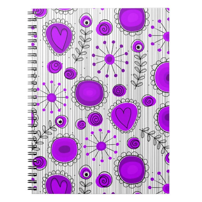 Whimsical purple white hearts and flowers floral notebook (Front)