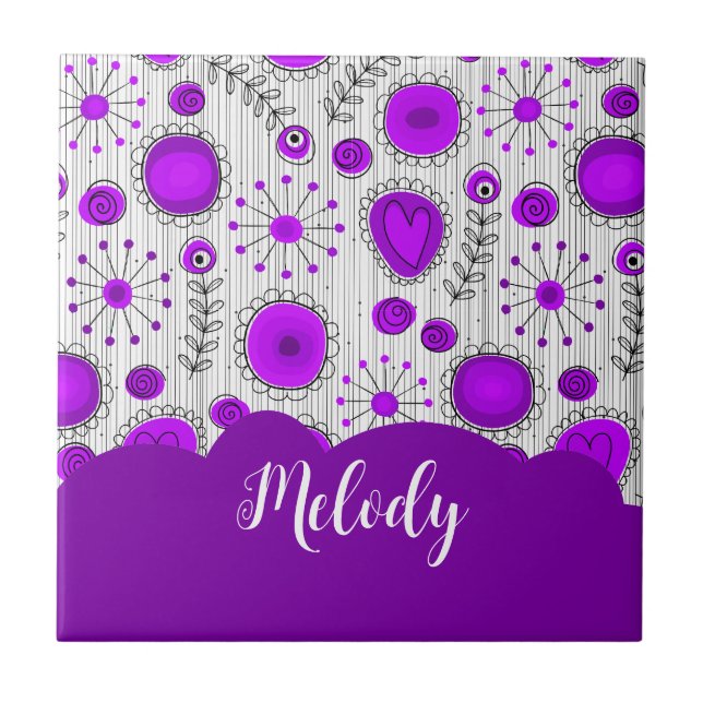 Whimsical purple white hearts flowers floral name ceramic tile (Front)