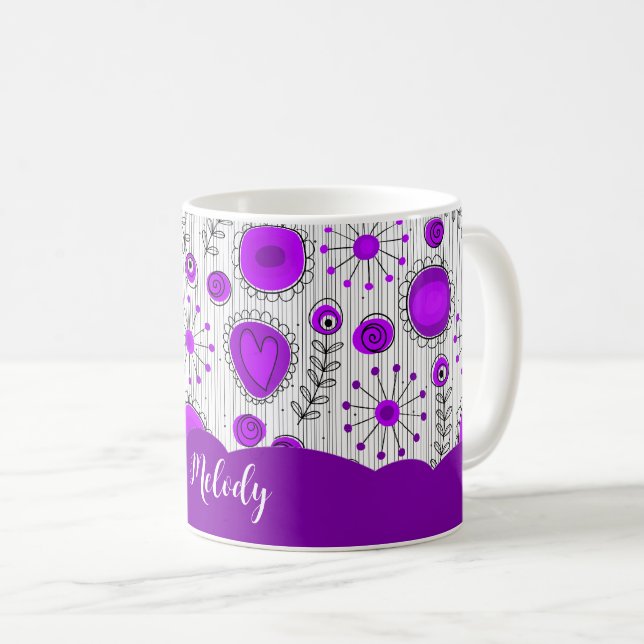 Whimsical purple white hearts flowers floral name coffee mug (Front Right)