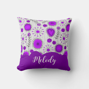 Whimsical purple white hearts flowers floral name cushion