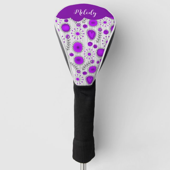Whimsical purple white hearts flowers floral name golf head cover (Front)