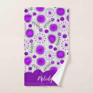 Whimsical purple white hearts flowers floral name hand towel