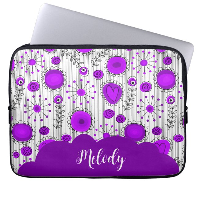 Whimsical purple white hearts flowers floral name laptop sleeve (Front)