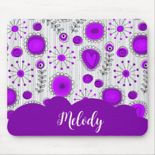 Whimsical purple white hearts flowers floral name mouse pad