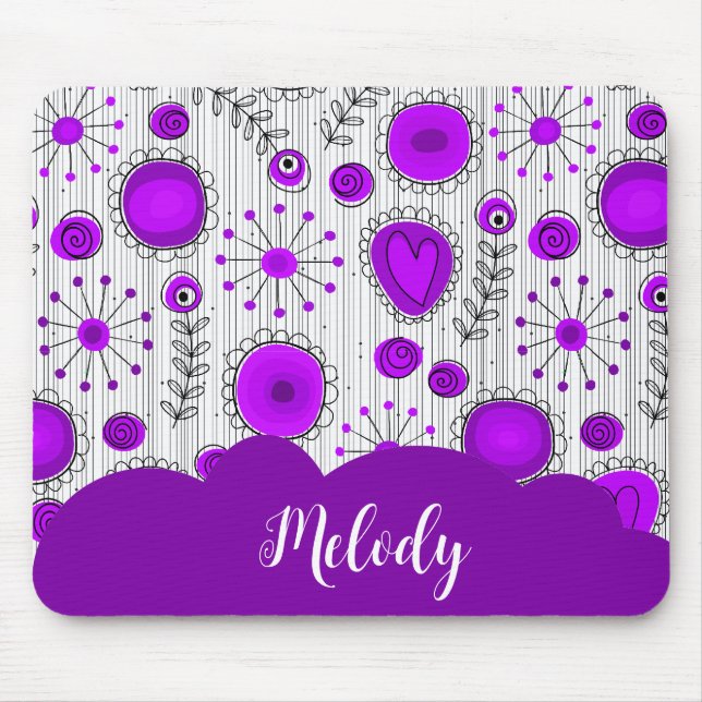 Whimsical purple white hearts flowers floral name mouse pad (Front)