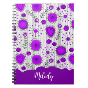 Whimsical purple white hearts flowers floral name notebook