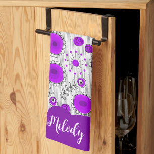 Whimsical purple white hearts flowers floral name tea towel