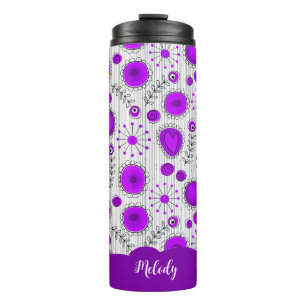 Whimsical purple white hearts flowers floral name thermal tumbler