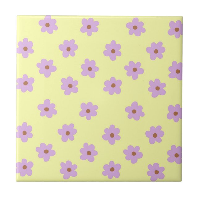 Whimsical Purple & Yellow Flower Retro Cheerful Ceramic Tile (Front)