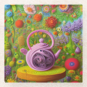 Whimsical Quilled Teapot Landscape  Glass Coaster