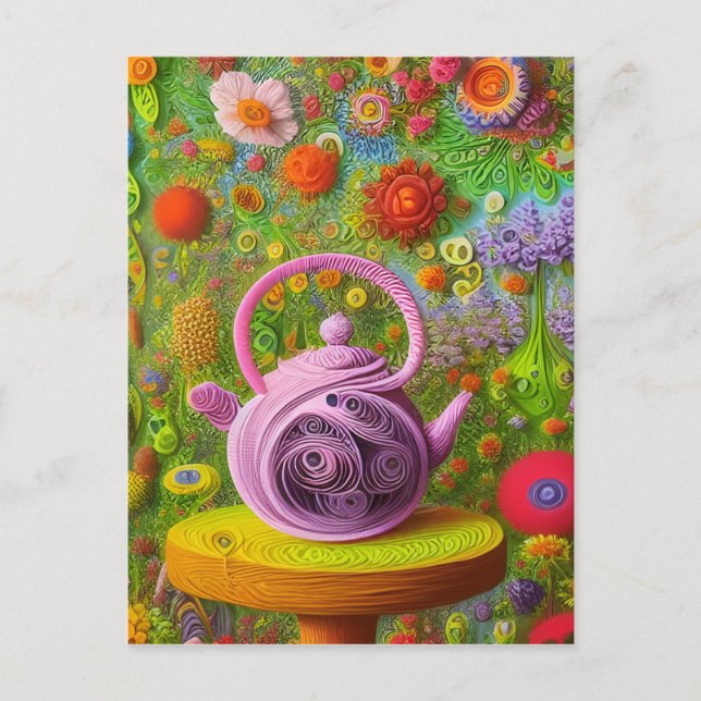 Whimsical Quilled Teapot Landscape   Postcard (Front)