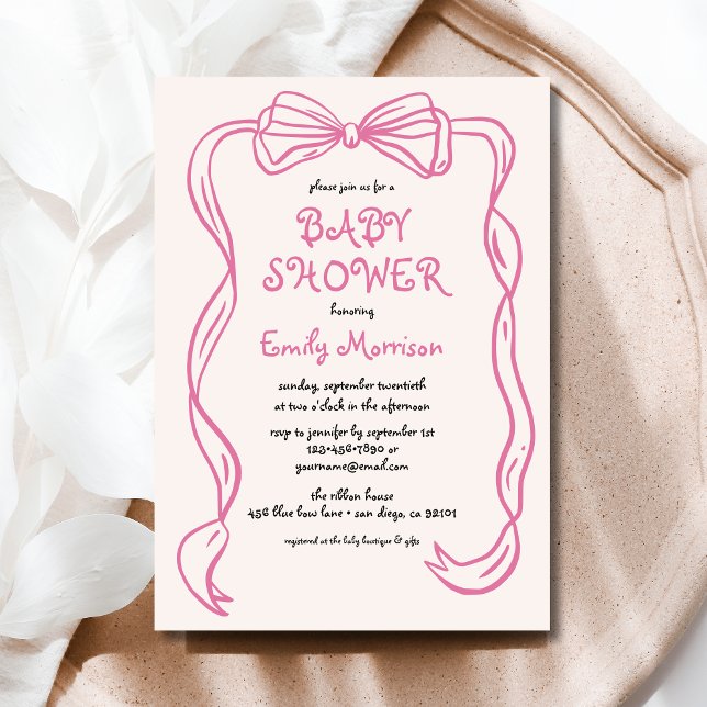 Whimsical Quirky Blush Pink Bow Baby Shower Invitation (Creator Uploaded)