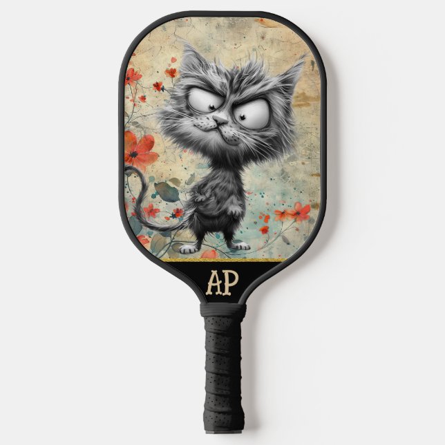 *~*  Whimsical Quirky Cat AP68 Floral 17  PHOTO Pickleball Paddle (Front)