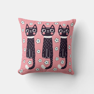 Whimsical Quirky Doodle Black Cat Drawing Cushion