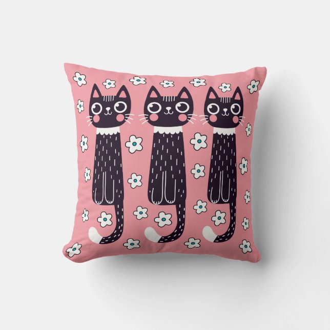 Whimsical Quirky Doodle Black Cat Drawing  Cushion (Front)