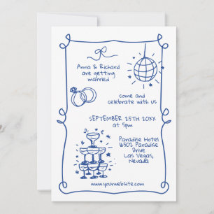 Whimsical Quirky Doodle Frame French Blue Wedding Invitation