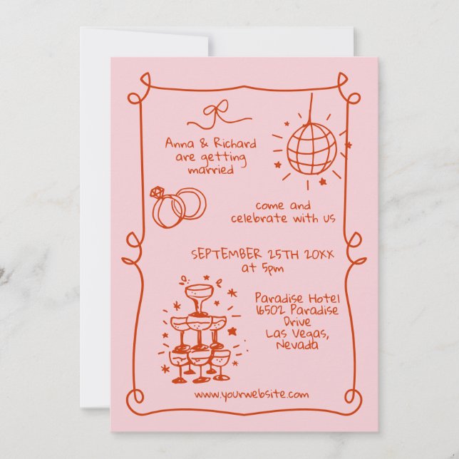 Whimsical Quirky Doodle Frame French Pink Wedding Invitation (Front)