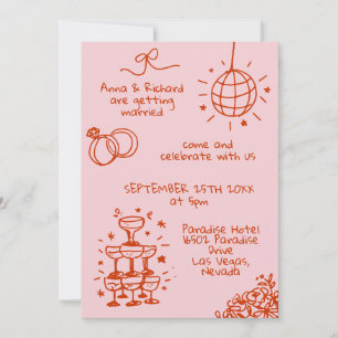Whimsical Quirky Doodle Photo Fun Pink Red Wedding Invitation