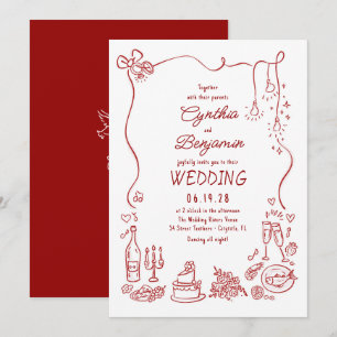 Whimsical Quirky Funky Hand Drawn Wedding Invitation