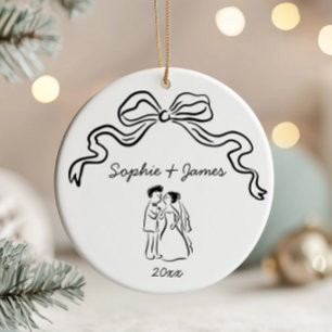Whimsical Quirky Hand Drawn Bow Wedding Christmas Ceramic Ornament