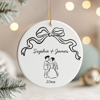 Whimsical Quirky Hand Drawn Bow Wedding Christmas  Ceramic Ornament