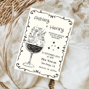 Whimsical Quirky Hand Drawn Champagne Wedding Invitation