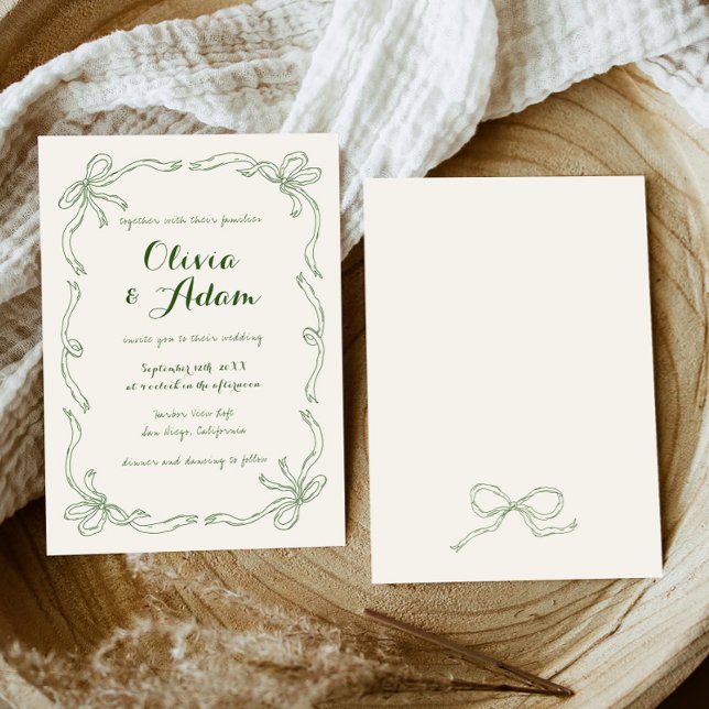 Whimsical Quirky Hand Drawn Green Bow Wedding Invitation (Creator Uploaded)