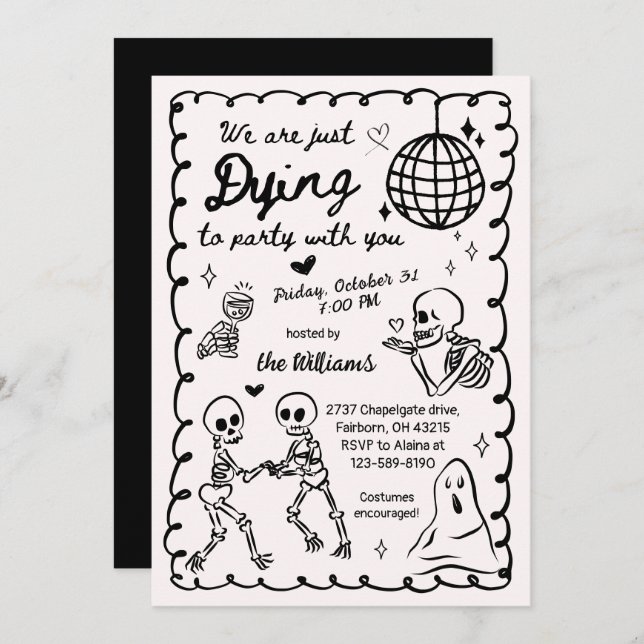  Whimsical Quirky Hand Drawn Skeleton Halloween  Invitation (Front/Back)