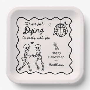 Whimsical Quirky Hand Drawn Skeleton Halloween Paper Plate
