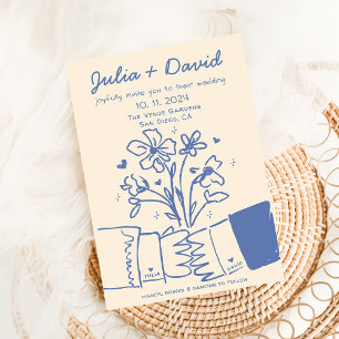 Whimsical Quirky Handwritten Blue Floral Wedding Invitation