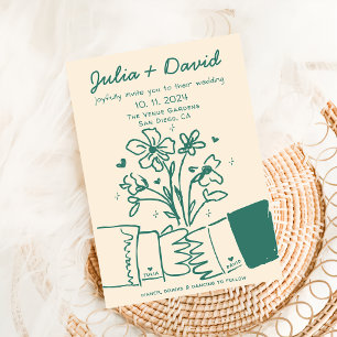 Whimsical Quirky Handwritten Green Floral Wedding Invitation