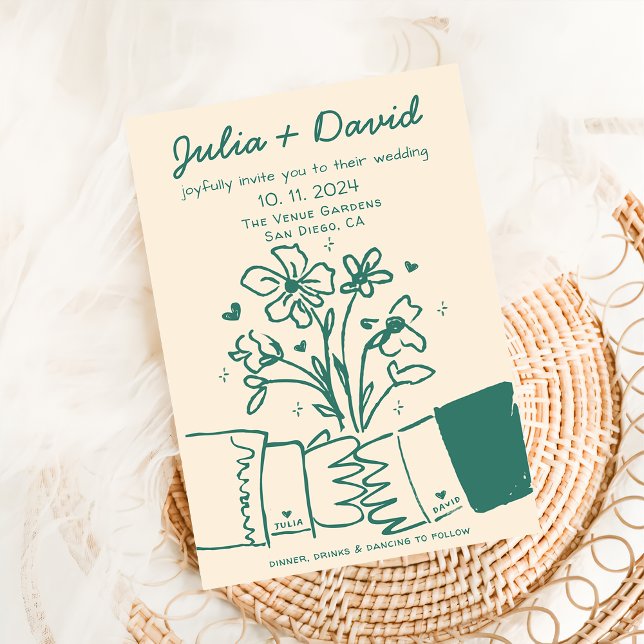 Whimsical Quirky Handwritten Green Floral Wedding Invitation (Creator Uploaded)