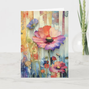 Whimsical Quirky Poppy Type Flowers Hello Folded Card