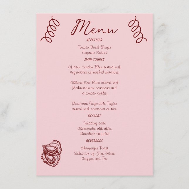 Whimsical Quirky Squiggles Pink Wedding  Menu (Front)