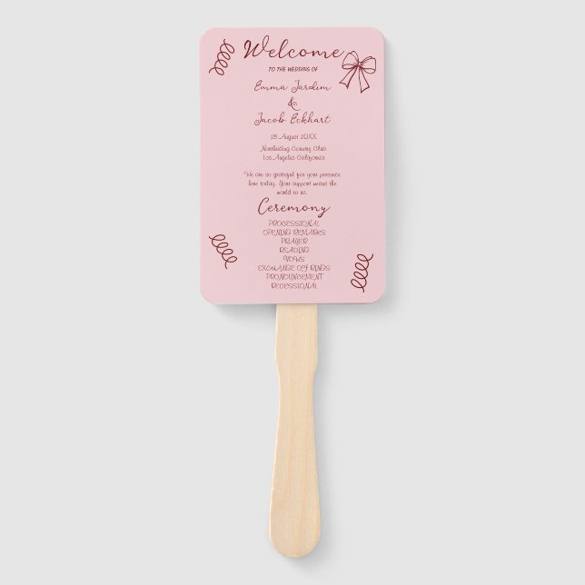 Whimsical Quirky Squiggles Pink Wedding Program Hand Fan (Front)