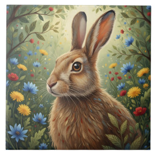 Whimsical Rabbit and Forest Flowers Nature Ceramic Tile