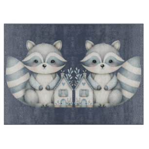 Whimsical Raccoon Night Woodland Cottage Scene Cutting Board