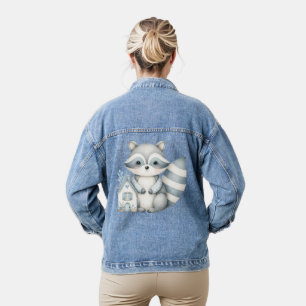 Whimsical Raccoon Night Woodland Cottage Scene Denim Jacket