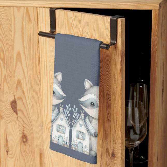  Whimsical Raccoon Night Woodland Cottage Scene Tea Towel (Thirds Fold)