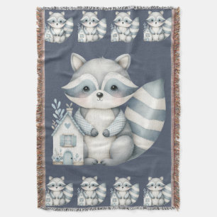 Whimsical Raccoon Night Woodland Cottage Scene Throw Blanket