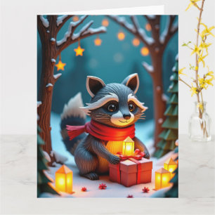 Whimsical Raccoon with Gifts Snowy Christmas Scene Card