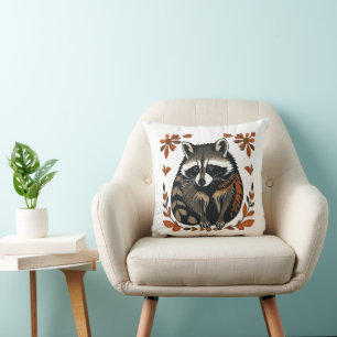 Whimsical Raccoon Woodland Animal Folk or Tribal A Cushion