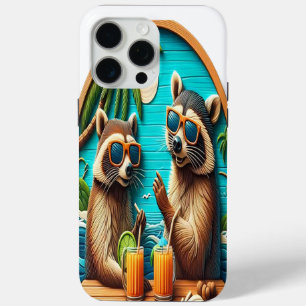 Whimsical Raccoons Perched on Rustic Table iPhone 15 Pro Max Case
